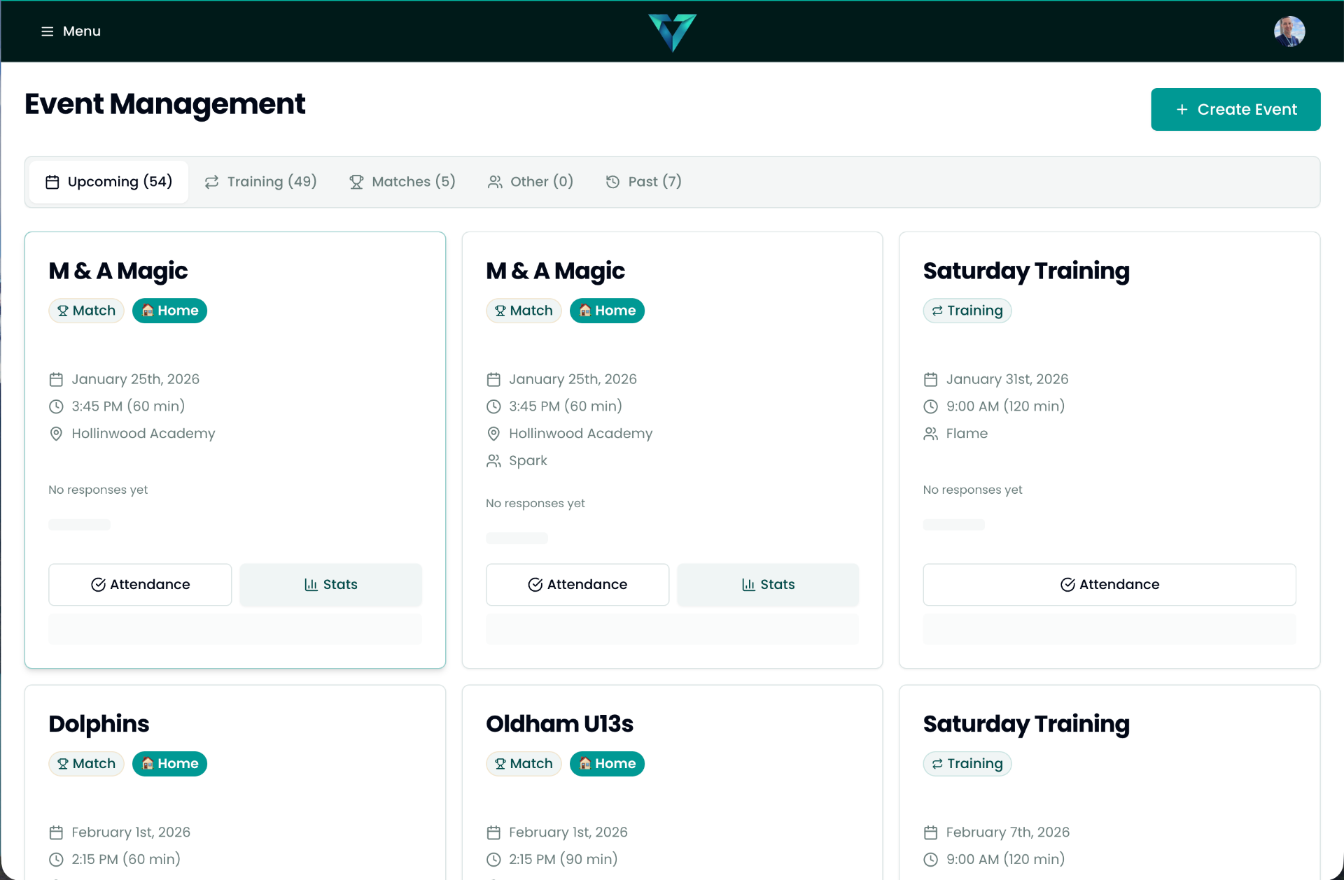 Event Management with training and match scheduling