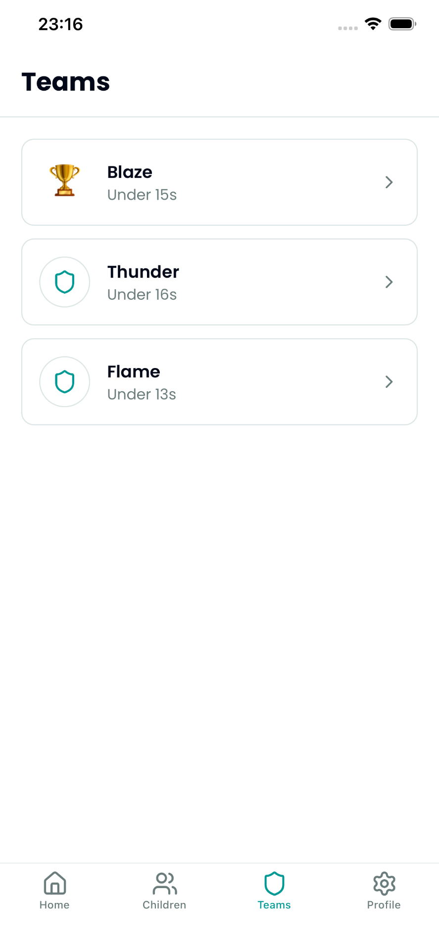 Teams list showing all children's teams