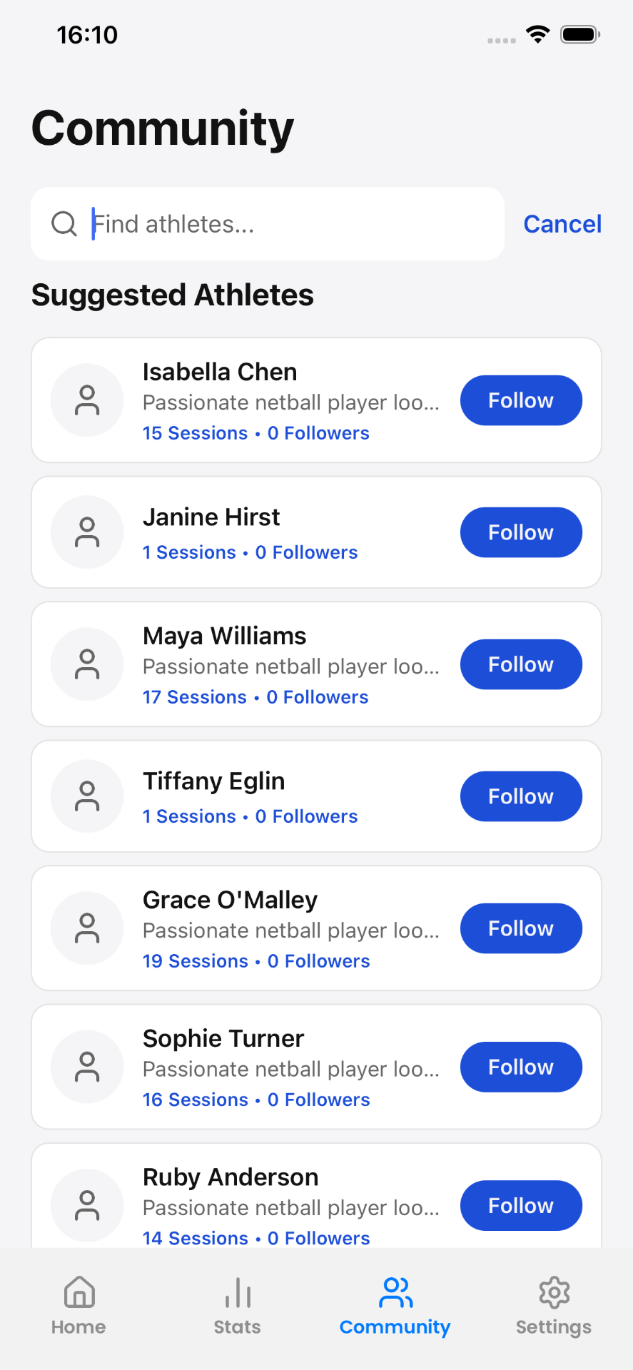 Community screen showing athletes to follow
