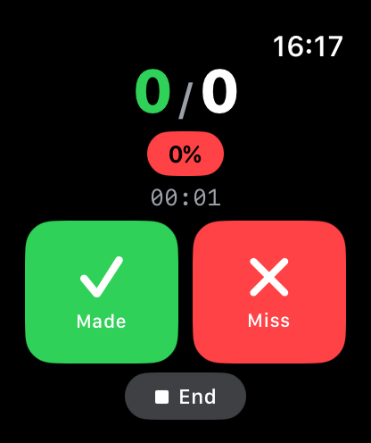 Apple Watch session screen with made and miss buttons