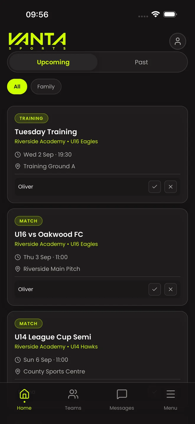 The club home screen showing this week’s training and matches