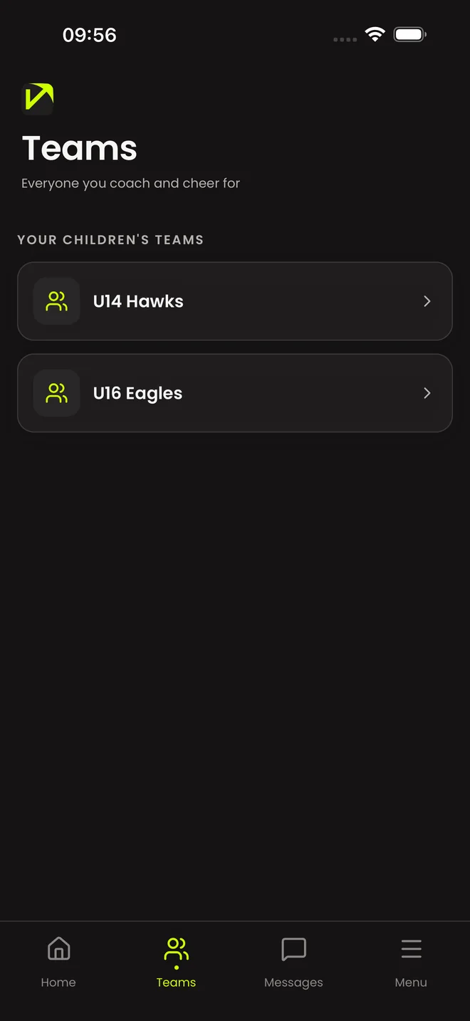 The teams screen listing every team in the club