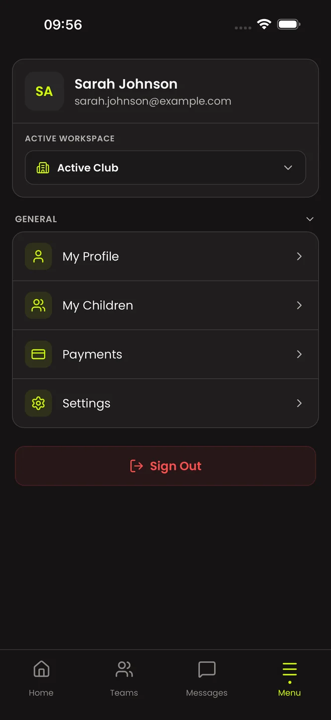 The account menu with profile, children, payments and settings