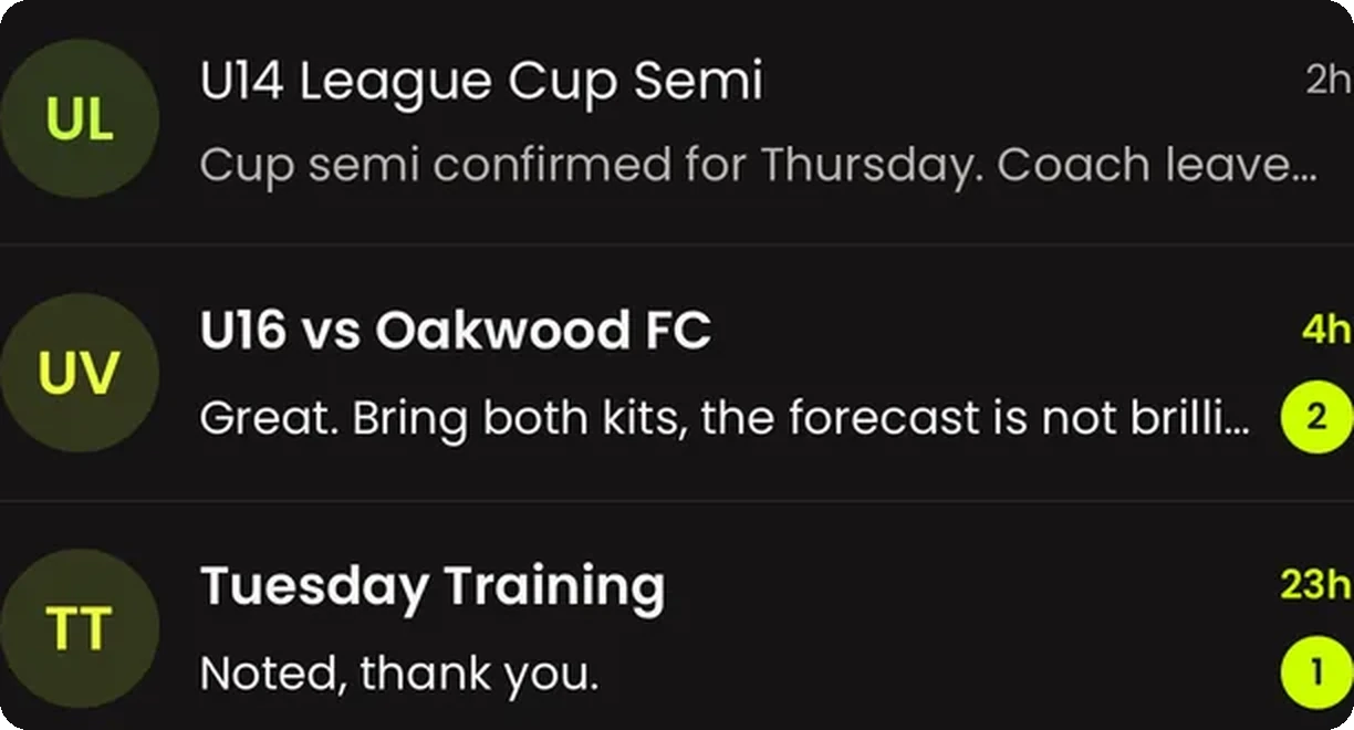 A club inbox showing messages from a coach