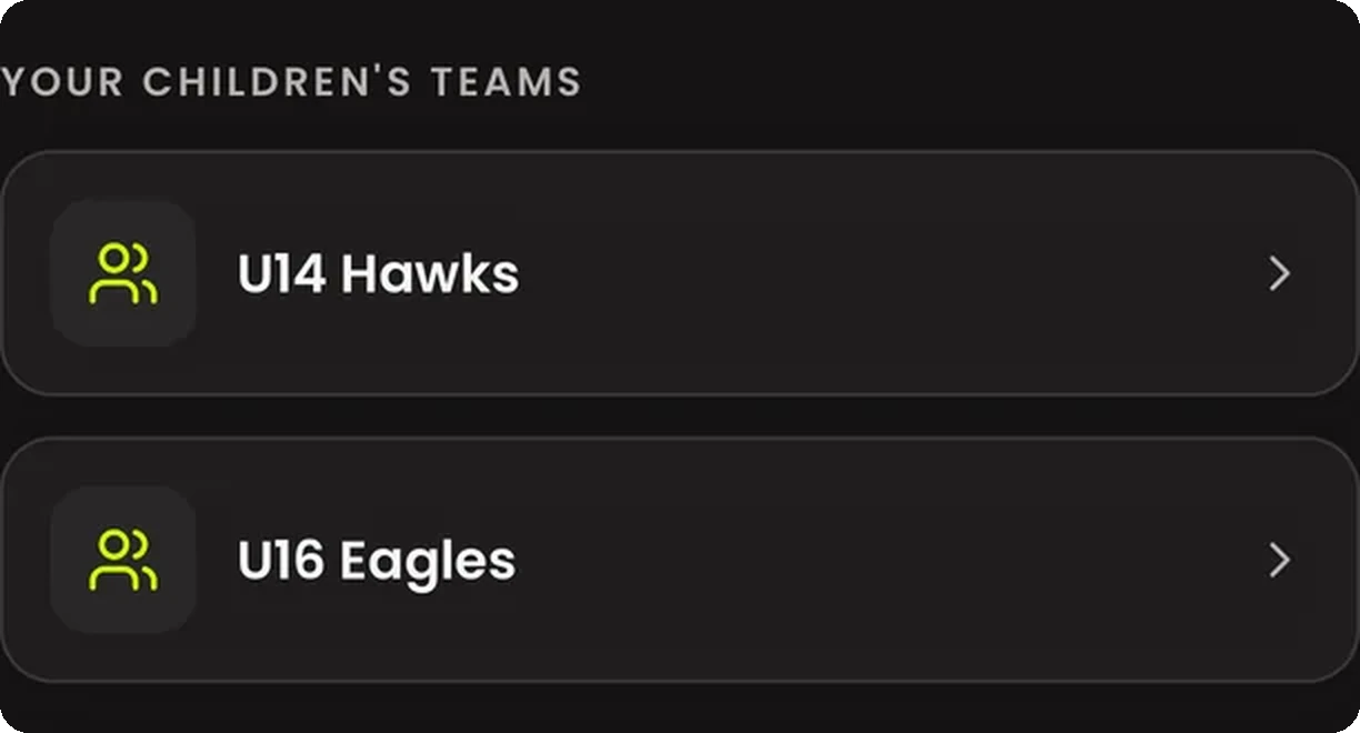 The teams a coach runs, in the club app