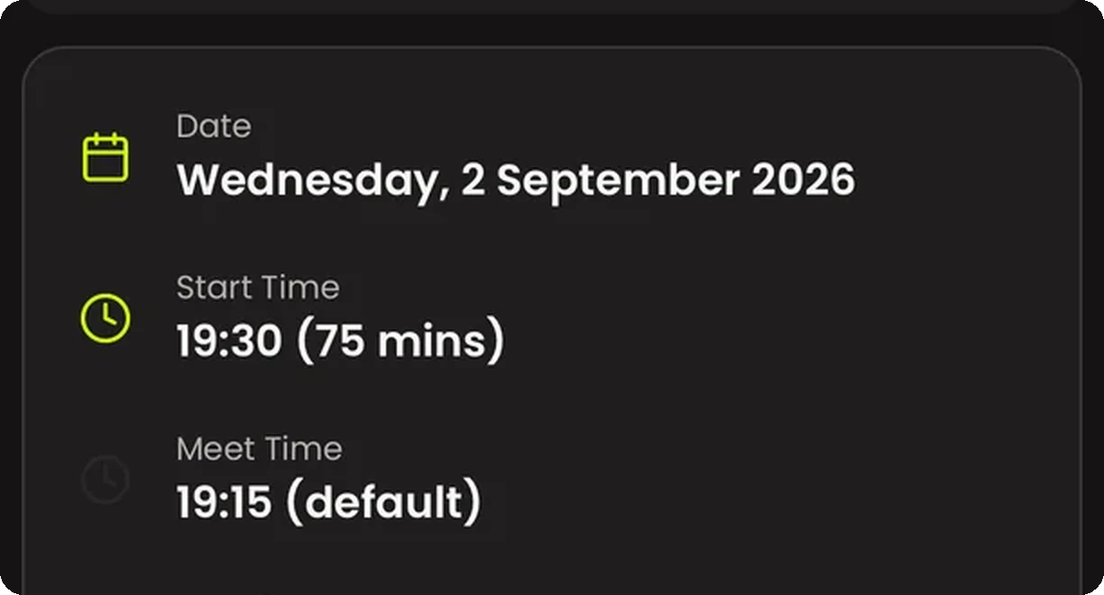 The date, kick-off time, meet time and pitch for a training session
