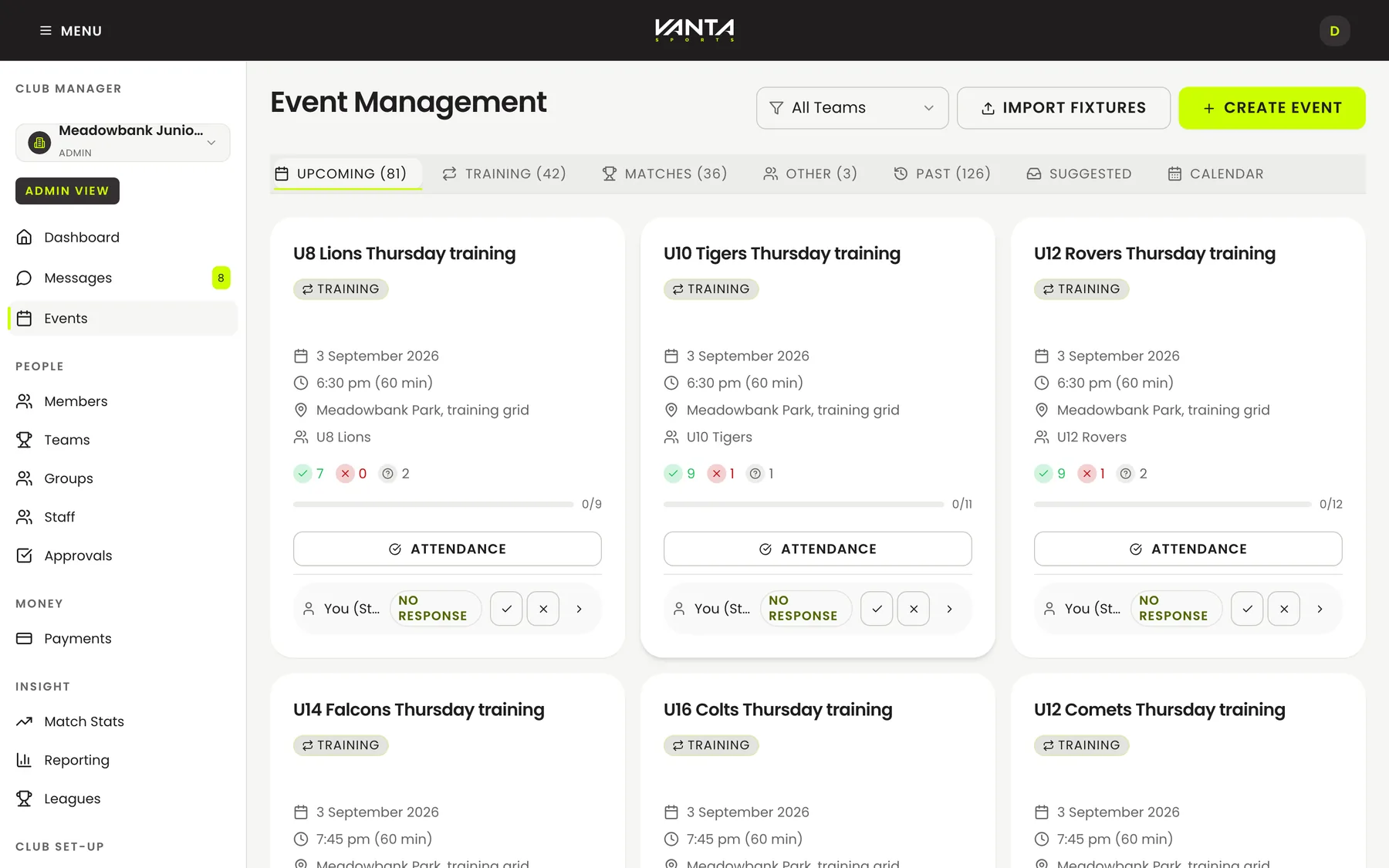 Event management on the web, showing every fixture and who has answered