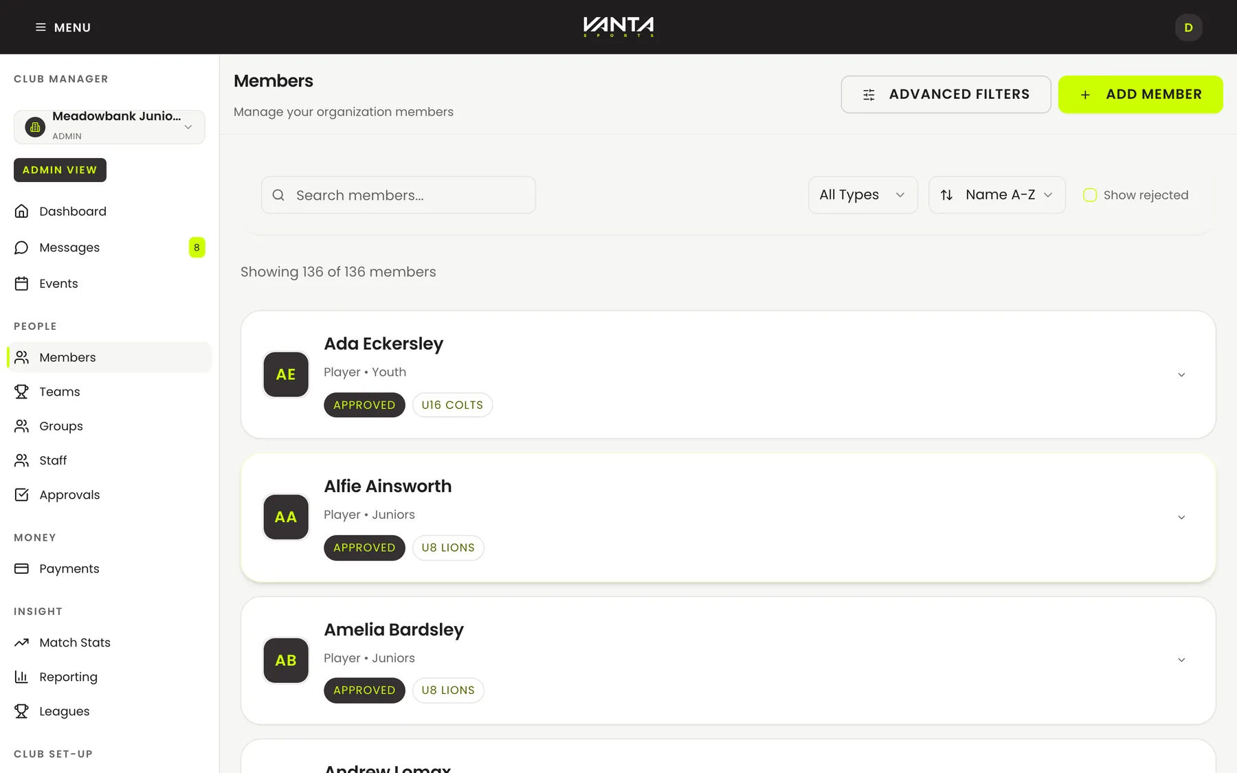 The member list on the web, showing every player and their status