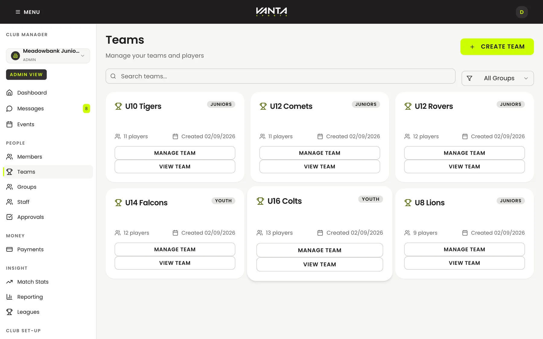 The teams screen on the web, showing every team in the club