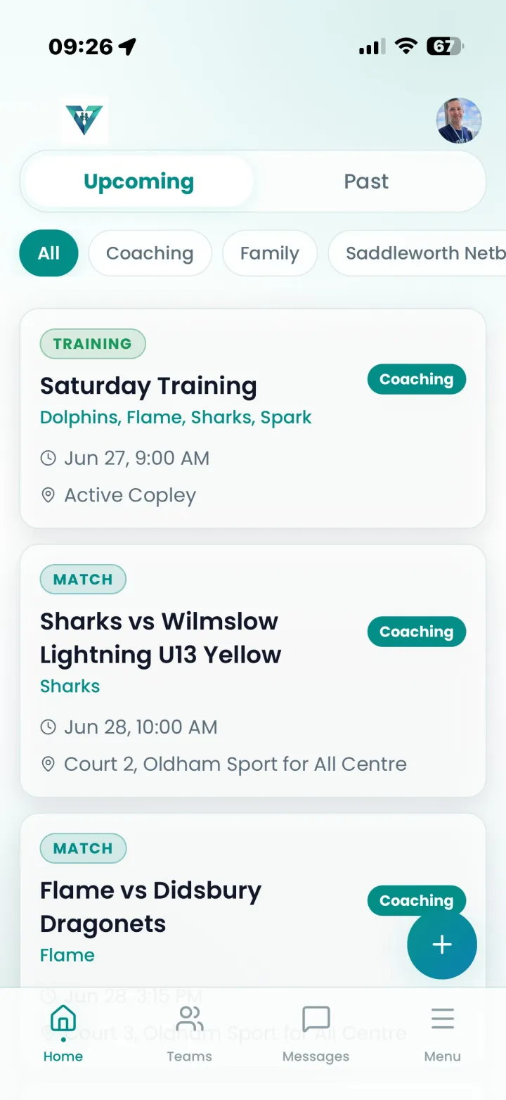 Upcoming training and matches in the Vanta Club app