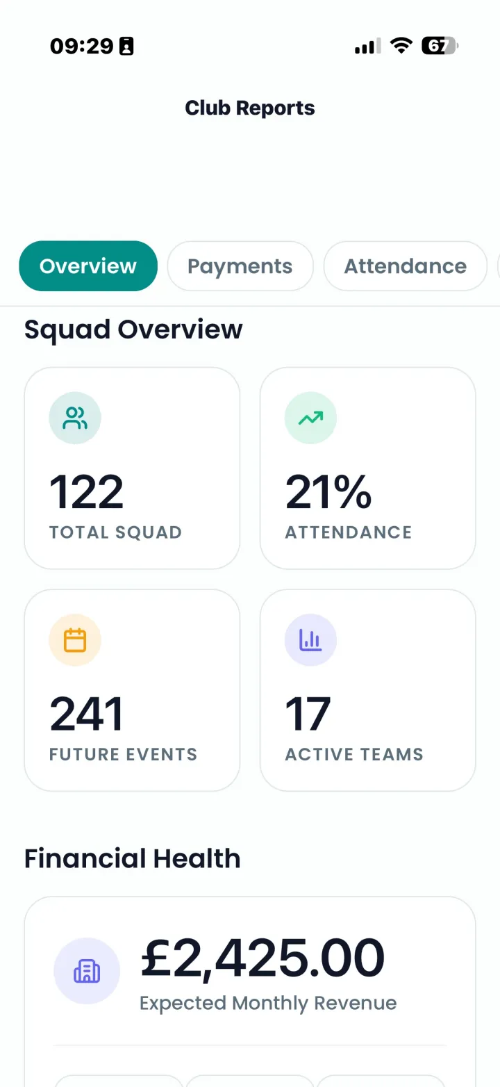 Club reports showing squad overview and financial health